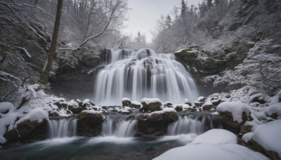 outdoors, sky, water, tree, no humans, nature, scenery, snow, forest, rock, bare tree, waterfall