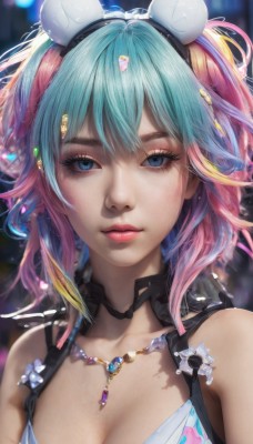 1girl,solo,breasts,looking at viewer,short hair,bangs,blue eyes,blonde hair,hair ornament,animal ears,cleavage,bare shoulders,jewelry,medium breasts,closed mouth,blue hair,collarbone,upper body,pink hair,multicolored hair,sleeveless,choker,necklace,blurry,two-tone hair,lips,streaked hair,eyelashes,aqua hair,gradient hair,makeup,blurry background,fake animal ears,gem,portrait,pendant,eyeshadow,pink lips,realistic,mouse ears,nose,mascara,hair between eyes,swimsuit,bikini,parted lips,artist name,depth of field,headphones,lipstick,close-up,beads,goggles on head