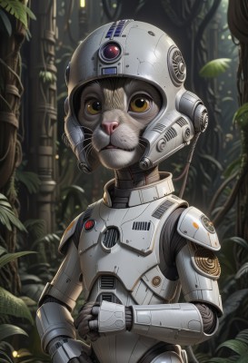 solo,looking at viewer,1boy,brown eyes,yellow eyes,upper body,signature,armor,no humans,leaf,helmet,plant,robot,nature,mecha,1other,forest,science fiction,realistic,android,cable,cyborg,robot joints,cyberpunk,humanoid robot,animal,whiskers