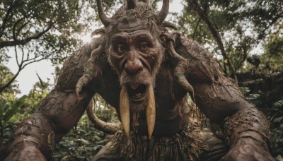 solo,looking at viewer,open mouth,1boy,male focus,outdoors,horns,day,armor,tree,facial hair,nature,beard,realistic,old,old man,white hair,tongue,black eyes,forest,monster,antlers,giant,horror (theme)