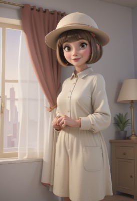 1girl,solo,breasts,looking at viewer,blush,smile,short hair,bangs,brown hair,long sleeves,hat,dress,brown eyes,closed mouth,standing,indoors,blunt bangs,white dress,lips,window,buttons,white headwear,bob cut,own hands together,plant,curtains,pocket,collared dress,potted plant,lamp,hair ornament,hairclip,nose,red lips