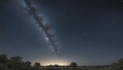 outdoors,sky,cloud,tree,no humans,night,grass,star (sky),nature,night sky,scenery,forest,smoke,starry sky,milky way,star (symbol),plant,shooting star