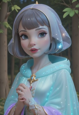 1girl,solo,looking at viewer,short hair,bangs,blue eyes,brown hair,dress,jewelry,green eyes,upper body,grey hair,outdoors,parted lips,teeth,artist name,hood,wide sleeves,necklace,blurry,bracelet,tree,lips,eyelashes,makeup,blurry background,leaf,watermark,bob cut,own hands together,plant,lipstick,nature,veil,web address,eyeshadow,forest,freckles,nose,red lips,black hair,long sleeves,blunt bangs,cape,nail polish,fingernails,hands up,blue dress,gem