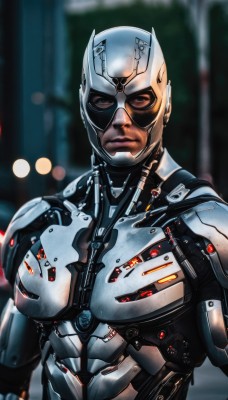 solo,looking at viewer,1boy,brown eyes,closed mouth,upper body,male focus,armor,blurry,blurry background,helmet,robot,science fiction,realistic,cyborg,power armor,cyberpunk,lips,bodysuit,mask