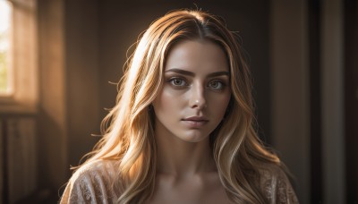 1girl,solo,long hair,looking at viewer,blonde hair,brown eyes,jewelry,closed mouth,collarbone,upper body,earrings,indoors,blurry,lips,tattoo,depth of field,blurry background,sunlight,portrait,forehead,realistic,nose,brown hair,artist name,eyelashes,window,expressionless,light