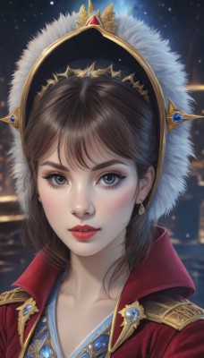 1girl,solo,long hair,looking at viewer,bangs,blue eyes,brown hair,jewelry,collarbone,jacket,upper body,earrings,sky,blurry,lips,fur trim,makeup,night,blurry background,crown,lipstick,gem,portrait,star (sky),red jacket,freckles,realistic,red lips,blush,closed mouth,outdoors,parted lips,black eyes,eyelashes,epaulettes