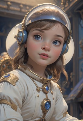 1girl,solo,looking at viewer,bangs,blue eyes,brown hair,long sleeves,dress,jewelry,upper body,parted lips,teeth,puffy sleeves,artist name,indoors,medium hair,necklace,blurry,lips,looking to the side,eyelashes,blurry background,headphones,looking away,gem,freckles,realistic,nose,female child,long hair,blush,depth of field,thick eyebrows,gold trim