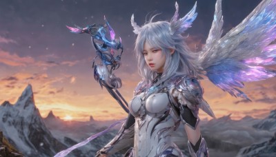 1girl,solo,long hair,breasts,looking at viewer,bangs,gloves,holding,brown eyes,medium breasts,upper body,grey hair,multicolored hair,outdoors,parted lips,wings,sky,cloud,signature,armor,lips,bodysuit,staff,head wings,shoulder armor,feathered wings,sunset,mountain,holding staff,red lips,mountainous horizon,hair ornament,red eyes,white hair,glowing,cloudy sky,feathers,pauldrons,breastplate,fantasy