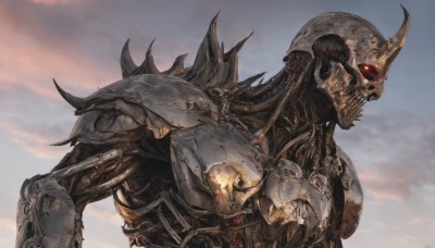 solo,red eyes,upper body,outdoors,horns,sky,teeth,cloud,armor,from side,no humans,glowing,cloudy sky,robot,mecha,glowing eyes,single horn,spikes,science fiction,skull,monster,damaged,mechanical parts,1boy,male focus,chain,sharp teeth,shoulder armor,realistic,skeleton,spine