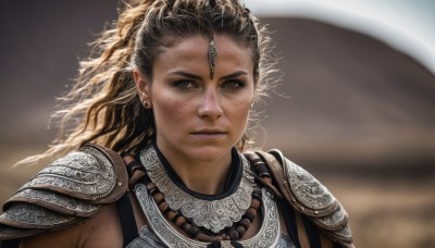 1girl,solo,long hair,looking at viewer,blonde hair,brown hair,brown eyes,jewelry,closed mouth,upper body,ponytail,earrings,necklace,armor,blurry,lips,blurry background,shoulder armor,gem,portrait,freckles,pauldrons,realistic,chainmail,yellow eyes