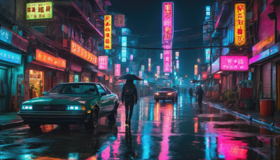 holding, outdoors, sky, night, umbrella, ground vehicle, building, scenery, motor vehicle, reflection, walking, science fiction, rain, holding umbrella, city, sign, car, road, police, power lines, street, puddle, city lights, cyberpunk, neon lights