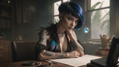 yelan (genshin impact),1girl,solo,breasts,looking at viewer,short hair,bangs,black hair,dress,cleavage,jewelry,medium breasts,sitting,closed mouth,blue hair,upper body,earrings,alternate costume,indoors,necklace,mole,blurry,black eyes,black dress,lips,book,window,tattoo,makeup,bird,chair,table,bob cut,feathers,plant,desk,eyeshadow,head rest,realistic,nose,bookshelf,pen,eyeliner,arm tattoo,shoulder tattoo,mascara,quill,ink,globe,inkwell,brown eyes,sleeveless,day,lipstick