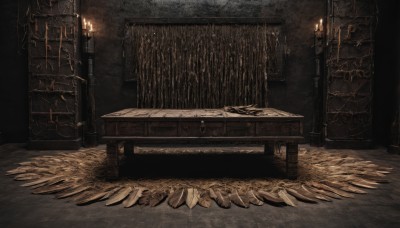 indoors,no humans,bed,scenery,wooden floor,stairs,candle,wall,carpet,candlestand,rug,chandelier,fireplace,table,fire,door,bench,dark,torch,log,wood,candlelight