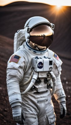 solo,gloves,1boy,male focus,helmet,1other,science fiction,realistic,sun,pilot suit,space,planet,american flag,spacesuit,japanese flag,pilot,space helmet,astronaut,cowboy shot,ambiguous gender