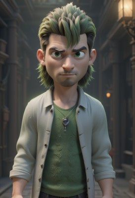 solo,looking at viewer,short hair,shirt,1boy,jewelry,closed mouth,green eyes,jacket,upper body,male focus,multicolored hair,green hair,open clothes,pants,artist name,indoors,necklace,blurry,two-tone hair,open shirt,buttons,blurry background,facial hair,watermark,thick eyebrows,child,web address,beard,pendant,sleeves rolled up,realistic,nose,green shirt,arms at sides,goatee,unbuttoned,male child,deviantart username