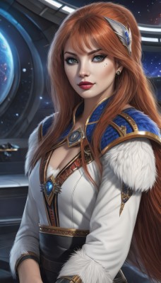 1girl,solo,long hair,breasts,looking at viewer,bangs,brown hair,hair ornament,long sleeves,cleavage,brown eyes,jewelry,medium breasts,upper body,earrings,orange hair,mole,lips,fur trim,mole under eye,makeup,cleavage cutout,lipstick,gem,star (sky),freckles,nose,red lips,space,planet,spacecraft,smile,blue eyes,very long hair,green eyes,red hair,belt,artist name,necklace,feathers,realistic,feather hair ornament