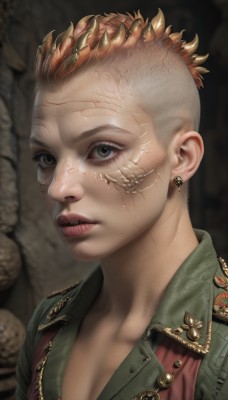 1girl,solo,breasts,looking at viewer,short hair,shirt,cleavage,brown eyes,jewelry,collarbone,upper body,red hair,earrings,parted lips,teeth,blurry,lips,grey eyes,blurry background,scar,portrait,scar on face,realistic,very short hair,mohawk,jacket,necklace,orange hair,mole,eyelashes