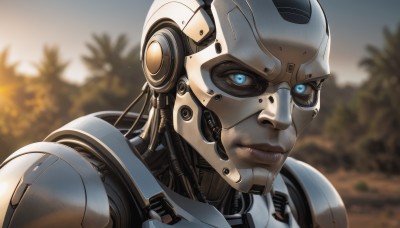 solo,looking at viewer,blue eyes,1boy,upper body,male focus,outdoors,armor,blurry,tree,lips,blurry background,helmet,robot,portrait,glowing eyes,science fiction,realistic,android,cyborg,dirty,power armor,closed mouth,sky,glowing,close-up,humanoid robot