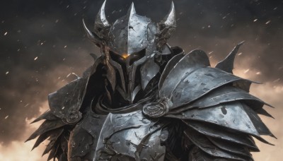 solo,1boy,upper body,male focus,horns,armor,glowing,helmet,shoulder armor,glowing eyes,1other,spikes,pauldrons,breastplate,fake horns,knight,full armor,ambiguous gender,black armor,embers,helm,horned helmet,facing viewer,glowing eye