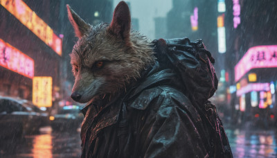 solo, 1boy, jacket, upper body, outdoors, hood, bag, blurry, no humans, night, blurry background, animal, motor vehicle, furry, rain, city, car, furry male, neon lights