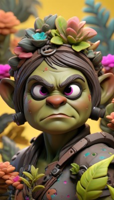 1girl,solo,looking at viewer,blush,short hair,brown hair,hair ornament,1boy,closed mouth,purple eyes,upper body,flower,male focus,pointy ears,hair flower,pink eyes,armor,blurry,blurry background,colored skin,frown,leaf,thick eyebrows,portrait,yellow background,facepaint,green skin,orc,goblin,yordle,sweat,sweatdrop,lips,cosplay,depth of field,parody,serious,nose,head wreath