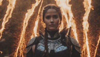 1girl,solo,long hair,looking at viewer,brown hair,brown eyes,closed mouth,upper body,weapon,braid,armor,lips,single braid,fire,shoulder armor,pauldrons,breastplate,realistic,burning,hair over shoulder,serious