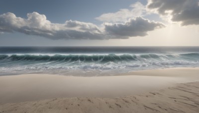 outdoors,sky,day,cloud,water,blue sky,no humans,ocean,beach,sunlight,cloudy sky,scenery,sand,horizon,waves,shore