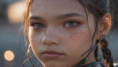 1girl, solo, long hair, looking at viewer, brown hair, brown eyes, jewelry, braid, earrings, blurry, twin braids, lips, eyelashes, blurry background, portrait, close-up, freckles, realistic, nose, earphones, earbuds, earpiece