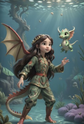 1girl,solo,long hair,smile,brown hair,long sleeves,brown eyes,standing,tail,full body,boots,wings,horns,belt,pants,water,uniform,black eyes,military,military uniform,sunlight,tiara,fish,dragon girl,light rays,underwater,dragon,dragon tail,green pants,dragon wings,black hair,jacket,lips,leaf,brown footwear,rock,air bubble,sunbeam,coral,aquarium