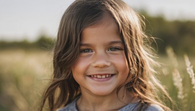 1girl,solo,long hair,looking at viewer,smile,open mouth,brown hair,shirt,white shirt,outdoors,teeth,day,artist name,signature,grin,blurry,lips,grey eyes,depth of field,blurry background,portrait,realistic,nose,bangs,brown eyes,blue shirt,messy hair,meme