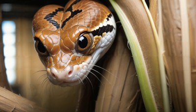 HQ,solo,day,indoors,blurry,black eyes,no humans,window,depth of field,blurry background,animal,snake,realistic,scales,animal focus,whiskers,oversized animal,wood,looking at viewer,artist name,watermark,bug,web address,colored sclera,fish,frog,turtle