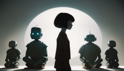 1girl,looking at viewer,short hair,bangs,blue eyes,shirt,black hair,red eyes,long sleeves,sitting,standing,multiple boys,pants,from side,black shirt,profile,glowing,arms behind back,moon,bob cut,robot,glowing eyes,backlighting,indian style,ahoge,blunt bangs,silhouette