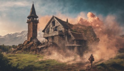 solo,1boy,standing,boots,outdoors,sky,day,cloud,bag,from behind,tree,blue sky,backpack,cloudy sky,grass,building,nature,scenery,1other,walking,mountain,fantasy,facing away,house,castle,tower,landscape,ambiguous gender,fog,path,bird,smoke