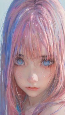 1girl,solo,long hair,looking at viewer,bangs,blue eyes,simple background,hair between eyes,closed mouth,pink hair,multicolored hair,lips,eyelashes,blue background,portrait,close-up,eye focus,makeup,freckles,pink lips,nose