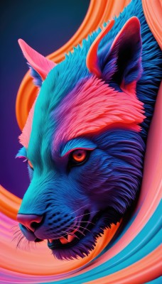 solo,looking at viewer,open mouth,red eyes,animal ears,teeth,from side,orange eyes,no humans,animal,fangs,blue background,cat,sharp teeth,portrait,realistic,animal focus,whiskers,closed mouth,pokemon (creature),watermark,web address