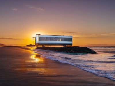 outdoors,sky,cloud,water,no humans,ocean,beach,ground vehicle,scenery,motor vehicle,reflection,sunset,sand,sun,horizon,watercraft,waves,evening,boat,train,shore,orange sky,gradient sky