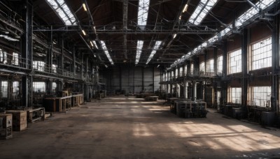 day,indoors,no humans,window,shadow,chair,sunlight,box,scenery,light rays,stairs,door,sunbeam,cardboard box,ceiling,ceiling light,crate,table,wooden floor,light