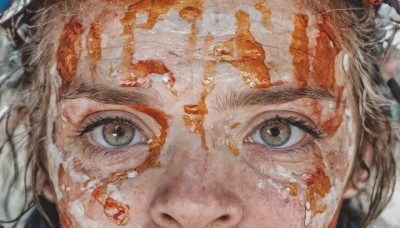 1girl,solo,looking at viewer,brown hair,brown eyes,eyelashes,portrait,close-up,reflection,paint,eye focus,short hair,bangs,closed mouth,blurry,heterochromia,traditional media,thick eyebrows,freckles,realistic,painting (medium),watercolor (medium),dirty