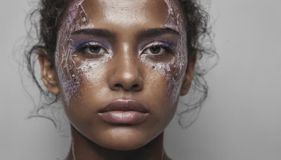 1girl,solo,looking at viewer,short hair,simple background,brown hair,black hair,brown eyes,closed mouth,parted lips,dark skin,grey background,dark-skinned female,lips,portrait,realistic,nose,teeth,black eyes,eyelashes,makeup,close-up