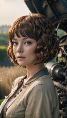 1girl,solo,breasts,looking at viewer,short hair,bangs,brown hair,shirt,brown eyes,jacket,upper body,outdoors,parted lips,artist name,blurry,from side,lips,looking to the side,eyelashes,depth of field,blurry background,wavy hair,grey shirt,freckles,curly hair,realistic,nose,medium breasts,day,necklace,watermark,sunlight,bob cut,web address,dirty,dirty face,denim jacket