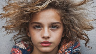 1girl,solo,looking at viewer,short hair,brown hair,brown eyes,parted lips,lips,floating hair,wind,messy hair,portrait,freckles,realistic,nose,red lips,long hair,teeth,eyelashes,close-up