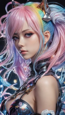 1girl,solo,long hair,breasts,looking at viewer,bangs,blue eyes,hair ornament,cleavage,bare shoulders,twintails,jewelry,medium breasts,blue hair,upper body,pink hair,multicolored hair,earrings,shiny,artist name,from side,two-tone hair,lips,eyelashes,gradient hair,makeup,eyeshadow,realistic,nose,mascara,large breasts,animal ears,closed mouth,sidelocks,parted lips,signature,streaked hair,grey eyes,fake animal ears,swept bangs,expressionless,black background,portrait,armlet,pink lips