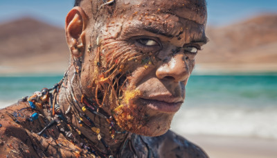 solo, 1boy, closed mouth, male focus, outdoors, sky, day, dark skin, blurry, blurry background, ocean, beach, dark-skinned male, science fiction, realistic, sand, bald, cyborg, mechanical parts