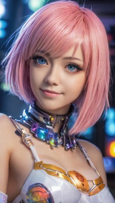 1girl,solo,breasts,looking at viewer,smile,short hair,bangs,blue eyes,cleavage,bare shoulders,medium breasts,closed mouth,upper body,pink hair,blurry,lips,eyelashes,makeup,depth of field,blurry background,bob cut,tank top,science fiction,realistic,cyborg,cyberpunk,mechanical parts,small breasts,collar,detached collar,swept bangs,pink lips,nose