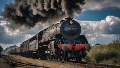 outdoors,sky,day,cloud,tree,blue sky,military,no humans,cloudy sky,grass,ground vehicle,scenery,motor vehicle,smoke,military vehicle,vehicle focus,train,railroad tracks,damaged