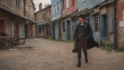 solo,brown hair,shirt,long sleeves,1boy,hat,holding,standing,male focus,boots,outdoors,day,belt,pants,black footwear,coat,window,black headwear,buttons,facial hair,chair,building,scenery,beard,walking,hand in pocket,black coat,mustache,door,brown pants,house,cane,gloves,closed mouth,jacket,full body,white shirt,open clothes,collared shirt,vest,looking to the side,looking away,ground vehicle,open coat,hands in pockets,road,wide shot,street