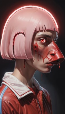 1girl,solo,looking at viewer,short hair,bangs,simple background,red eyes,jacket,upper body,pink hair,blunt bangs,lips,eyelashes,blood,makeup,mask,glowing,piercing,bob cut,black background,ear piercing,portrait,red jacket,zipper,blood on face,nose,from side,profile,glowing eyes,realistic