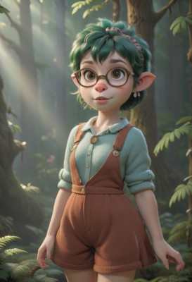 1girl,solo,looking at viewer,blush,smile,short hair,shirt,brown eyes,jewelry,standing,cowboy shot,hairband,earrings,outdoors,parted lips,green hair,glasses,shorts,day,pointy ears,collared shirt,blurry,tree,lips,blurry background,sunlight,suspenders,blue shirt,nature,sleeves rolled up,forest,freckles,light rays,round eyewear,overalls,overall shorts,breasts,green eyes,teeth,leaf,looking up