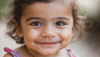 1girl,solo,looking at viewer,smile,short hair,brown hair,brown eyes,closed mouth,blurry,lips,depth of field,blurry background,messy hair,child,portrait,close-up,realistic,female child,eyelashes,nose