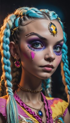 1girl,solo,long hair,looking at viewer,blue eyes,simple background,shirt,black hair,hair ornament,jewelry,closed mouth,blue hair,collarbone,upper body,braid,heart,multicolored hair,earrings,frills,sleeveless,choker,shiny,artist name,dark skin,necklace,blurry,twin braids,two-tone hair,dark-skinned female,lips,streaked hair,eyelashes,aqua hair,makeup,facial mark,piercing,thick eyebrows,lipstick,black background,gem,ear piercing,portrait,forehead,pendant,eyeshadow,freckles,pink shirt,pink lips,realistic,nose,red lips,light blue hair,eyeliner,facepaint,gold,very dark skin,blue gemstone,mascara,dreadlocks,blue eyeshadow,multiple braids,purple eyeshadow,flower,hair flower,watermark,web address